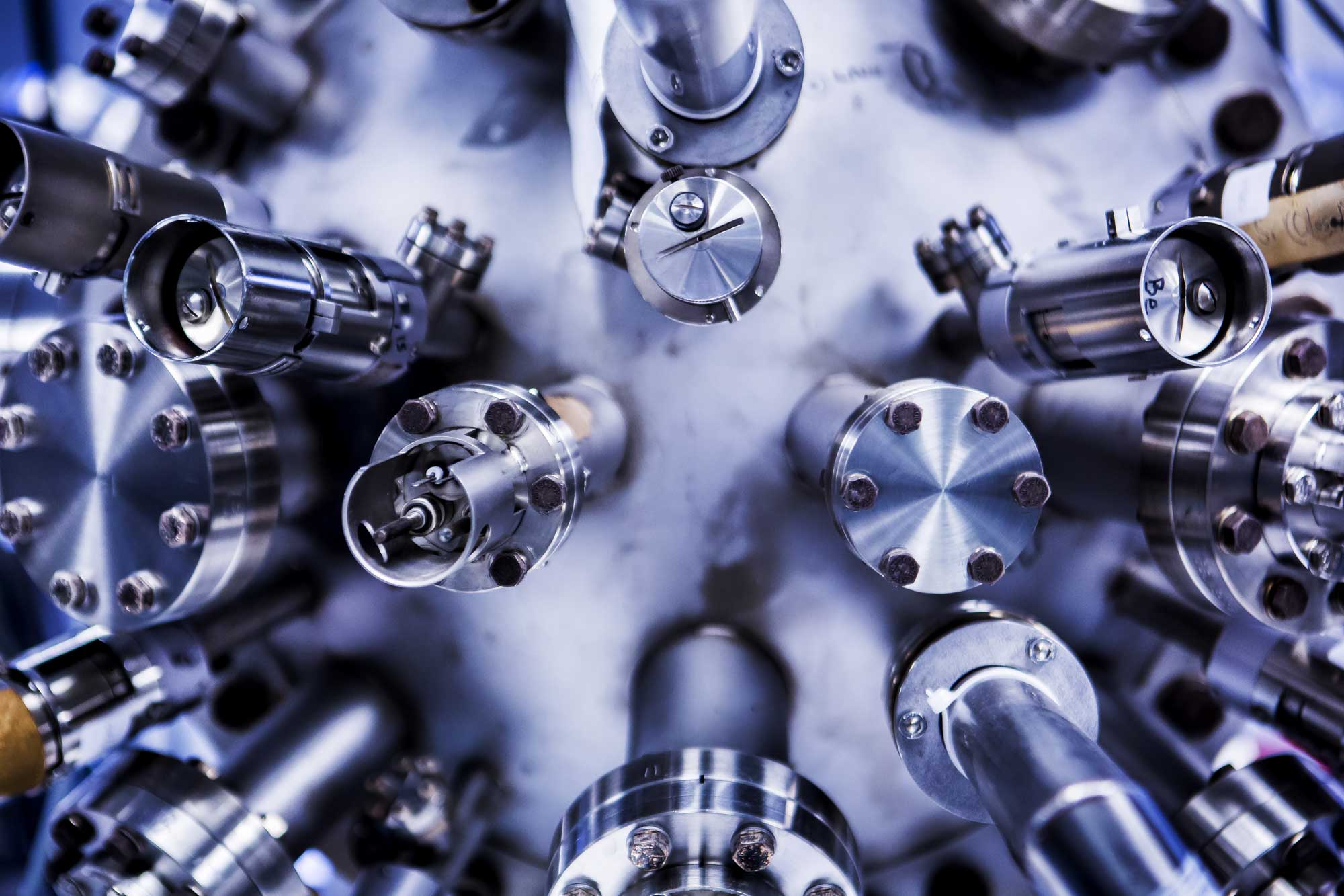 The main growth chamber of the molecular epitaxy beam apparatus used to make the nanoparticle-infused gallium nitride semiconductors. The semiconductors could boost LED efficiency by up to 50 percent, and even lead to invisibility cloaking devices. Image credit: Joseph Xu, Michigan Engineering