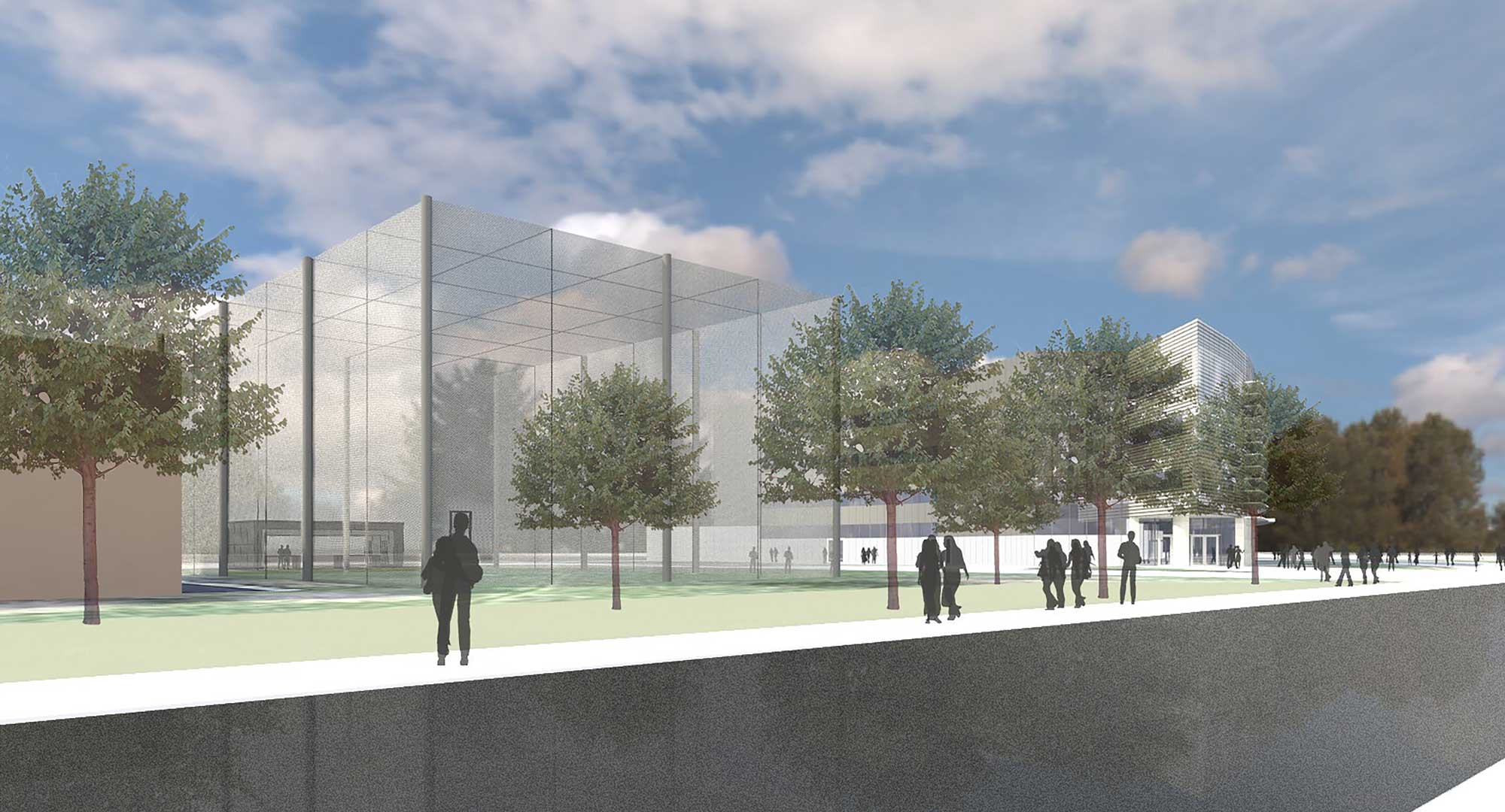 A rendering of the eastward-looking view of M-Air, a netted facility for safely testing drones outside. Construction will begin in August 2017 at the corner of Hayward and Draper on the University of Michigan's North Campus. Image credit: Architect and engineering firm Harley Ellis Devereaux