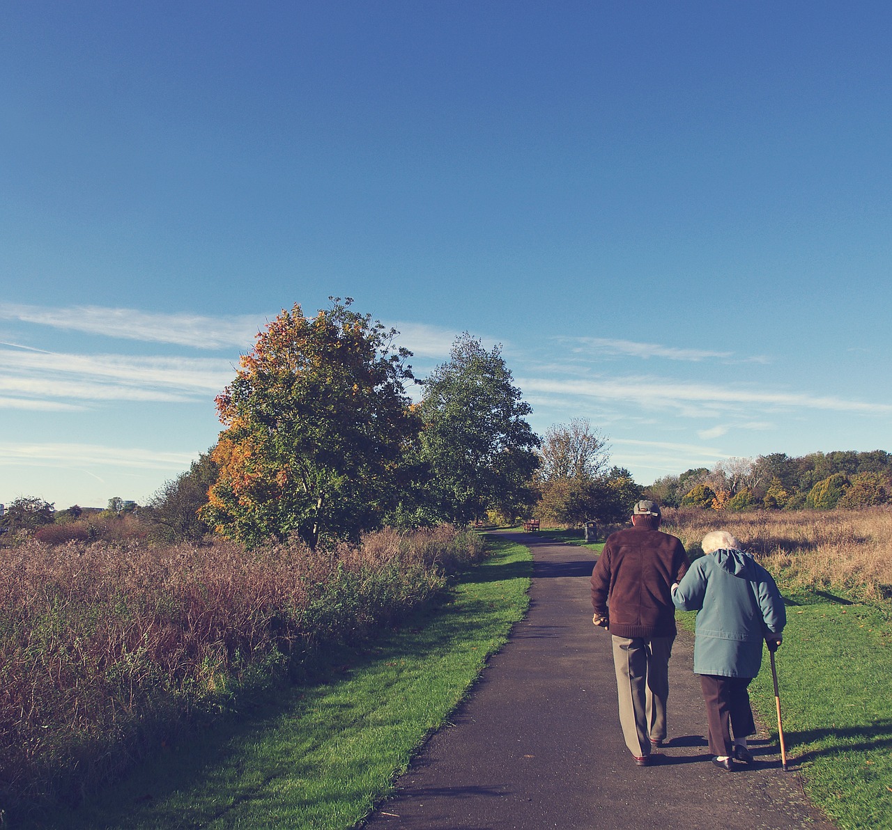 Image of an elderly couple walking outdoors. Image credit: coombesy via Pixabay