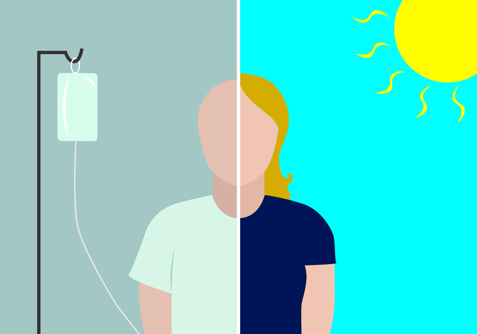 Illustration of a cancer patient during and after treatment. Image credit: Nathanael Rieger