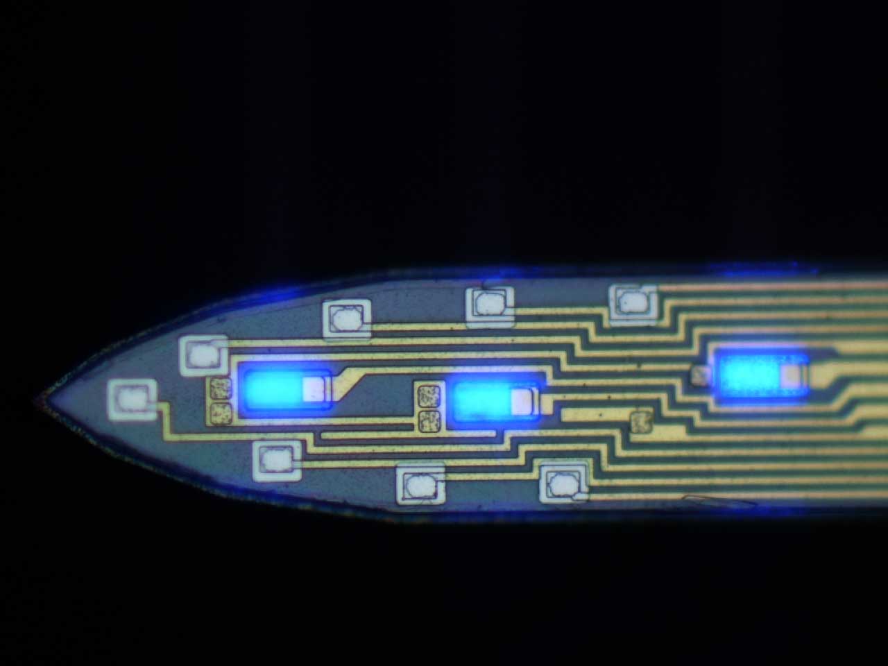 Probes like this one, which stimulate neurons with light and then record activity with electrodes, are just one facet of the technology suite that can help neuroscientists map circuits in the brain. Image credit: Fan Wu, Yoon Lab