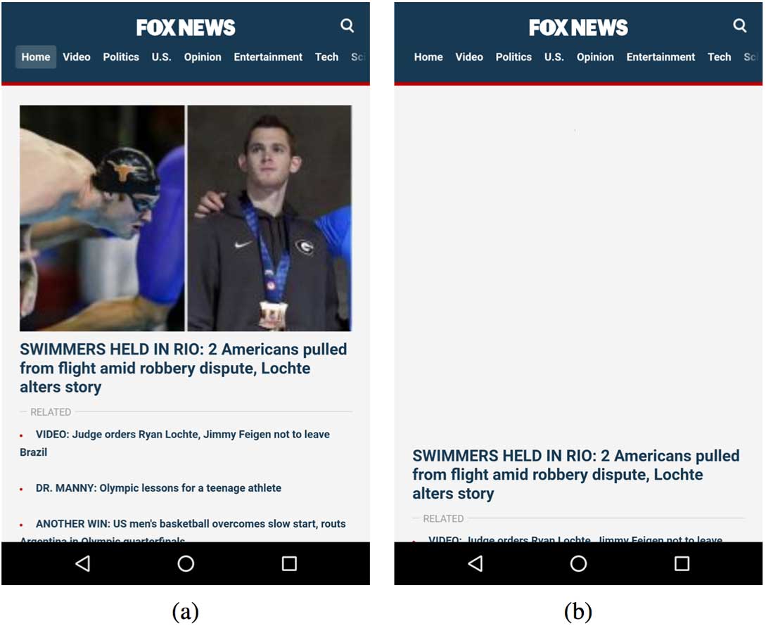 For the Fox News mobile site, (a) rendering of the above the fold content completes at 9.26s with VROOM; (b) with only HTTP/2 enabled, rendering is incomplete at that time and completes only later at 13.87s.