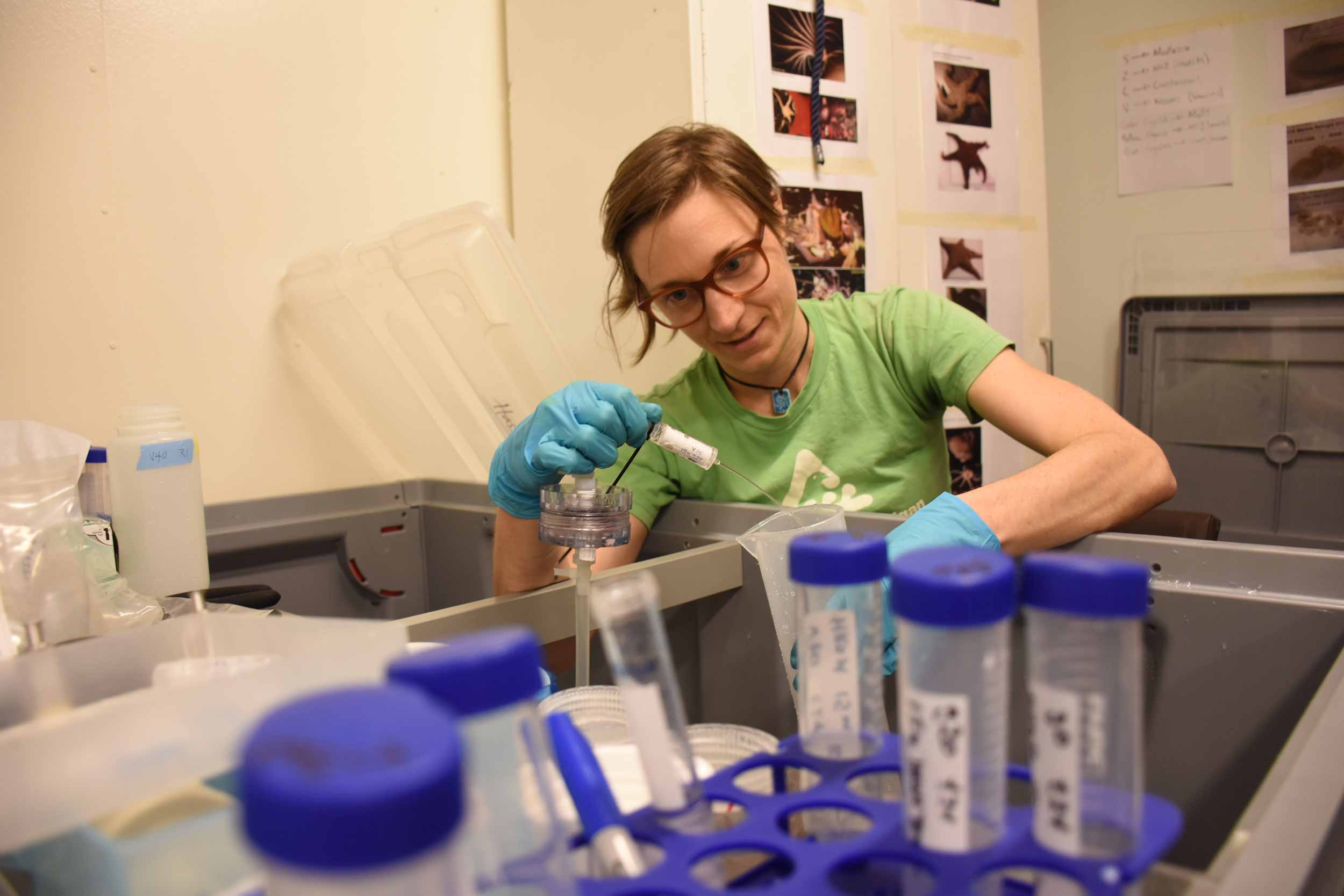 University of Michigan microbiologist Melissa Duhaime filters microbes from seawater aboard the Russian research vessel Akademik Treshnikov as the ship circumnavigates Antarctica in early 2017. The expedition was sponsored by the Swiss Polar Institute and included 22 research projects. Image credit: Mariusz Potocki