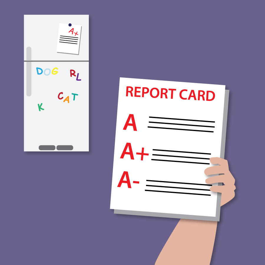 Illustration of a refrigerator with a report card. Image credit: Katie Beukema