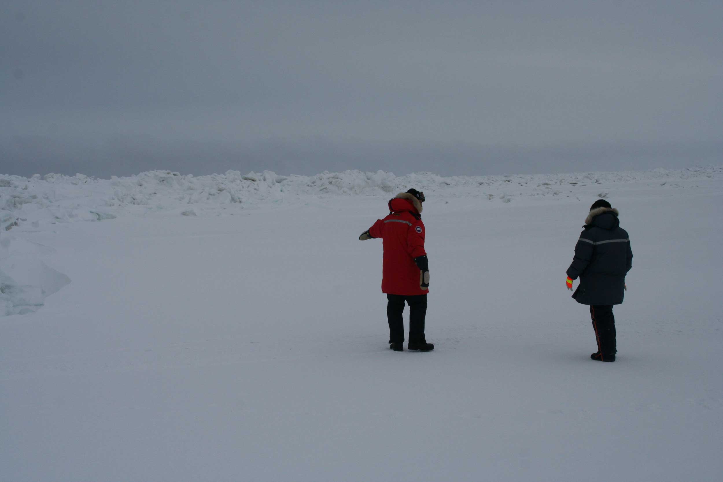 Graduate students Kyle Custard and Angela Raso exploring the Arctic sea ice. Image credit: Kerri Pratt