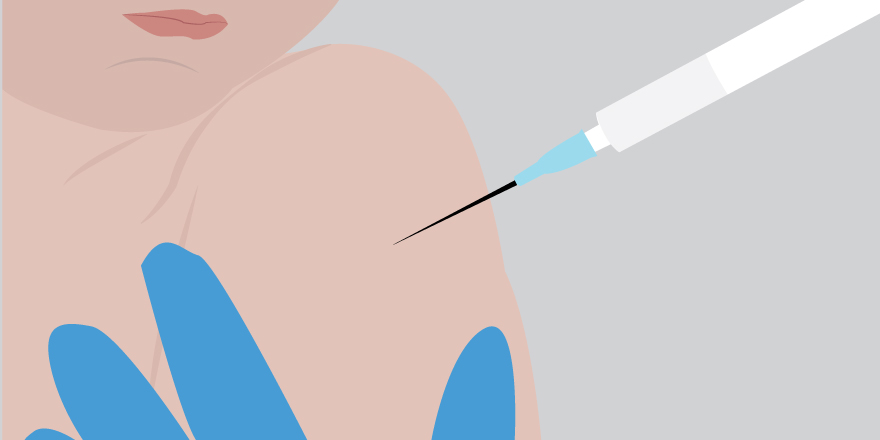 Illustration of child receiving vaccine shot, illustrated by Katie Beukema