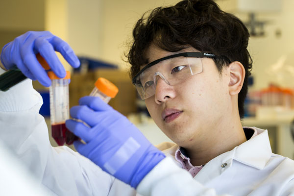 Eric Lin prepares to run blood samples through the labyrinth chip, which can isolate cancer cells effectively without relying on expectations of what proteins will be on their surfaces. Photo: Joseph Xu, Michigan Engineering Communications & Marketing.