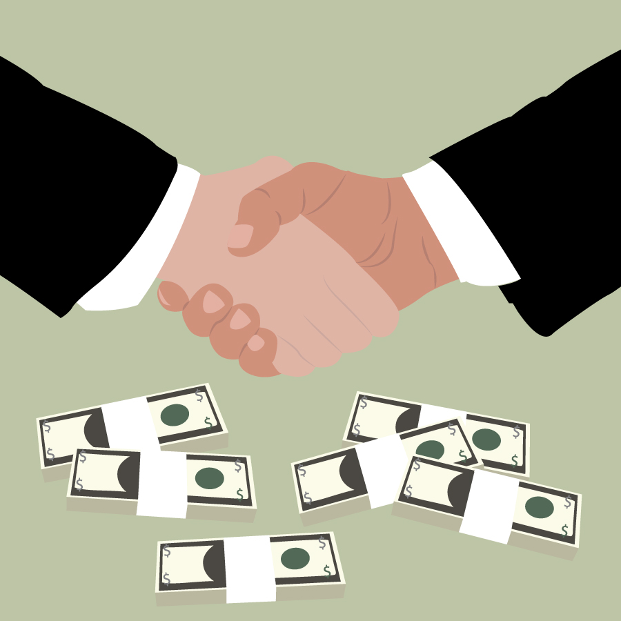 Illustration of handshake with stacks of money surrounding, illustrated by Katie Beukema