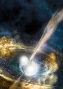 Artist’s illustration of two merging neutron stars. The narrow beams represent the gamma-ray burst while the rippling spacetime grid indicates the isotropic gravitational waves that characterize the merger. Swirling clouds of material ejected from the merging stars are a possible source of the light that was seen at lower energies. Credit: National Science Foundation/LIGO/Sonoma State University/A. Simonnet
