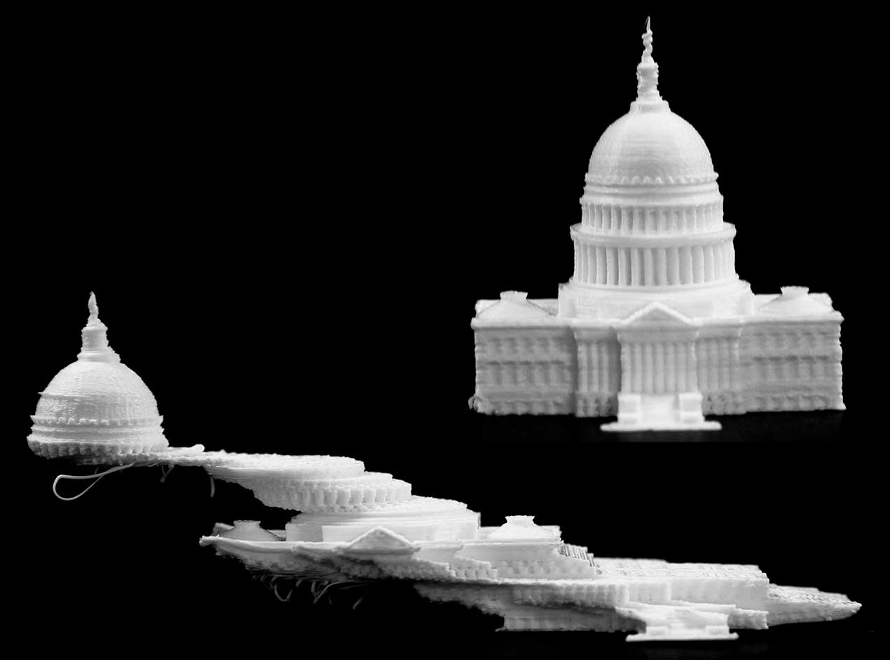 On the bottom, excess vibrations from the 3-D printer caused the printhead to offset multiple times. On the top, the new U-M algorithm was applied to the printer, enabling a successful, fast print. Both U.S. Capitol replicas were printed on a HICTOP Prusa i3 3-D printer at ~2X speed. Image credit: Evan Dougherty, Michigan Engineering