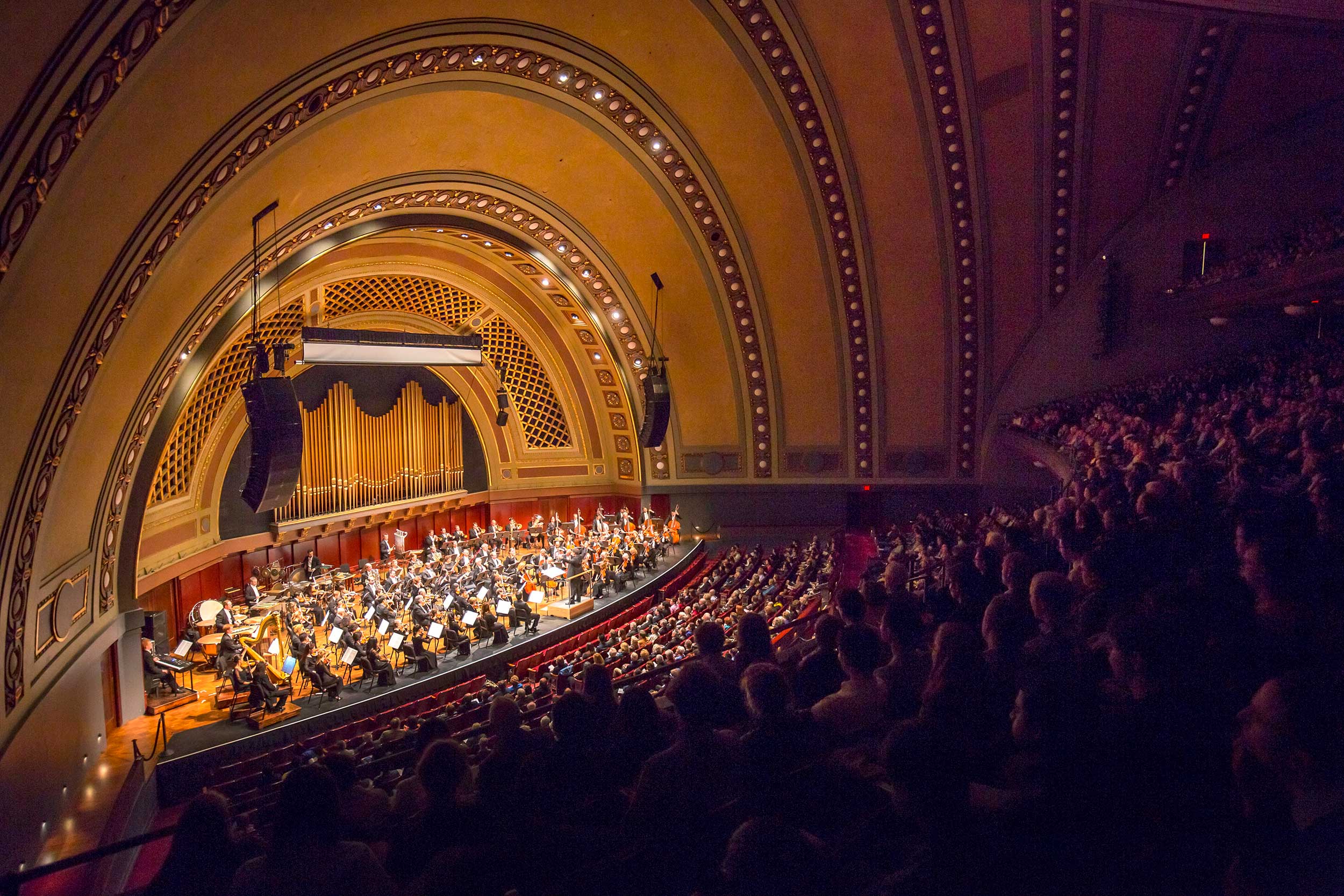 The New York Philharmonic performed at the University of Michigan’s Hill Auditorium in November 2017 for the first of a five - year - long orchestral residency with the University Musical Society (UMS). Image credit: Chris Lee