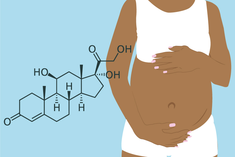 Illustration of a pregnant woman and the stress hormone cortisol, by Katie Beukema