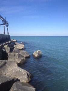 The Lake Michigan freshwater sampling site in Michigan City, Indiana, shows low concentrations of blue-green algae—7 parts per billion. The clear, blue waters of Lake Michigan are a stark contrast to the bloom-afflicted waters of Lake Erie. Image credit: Nathaniel May
