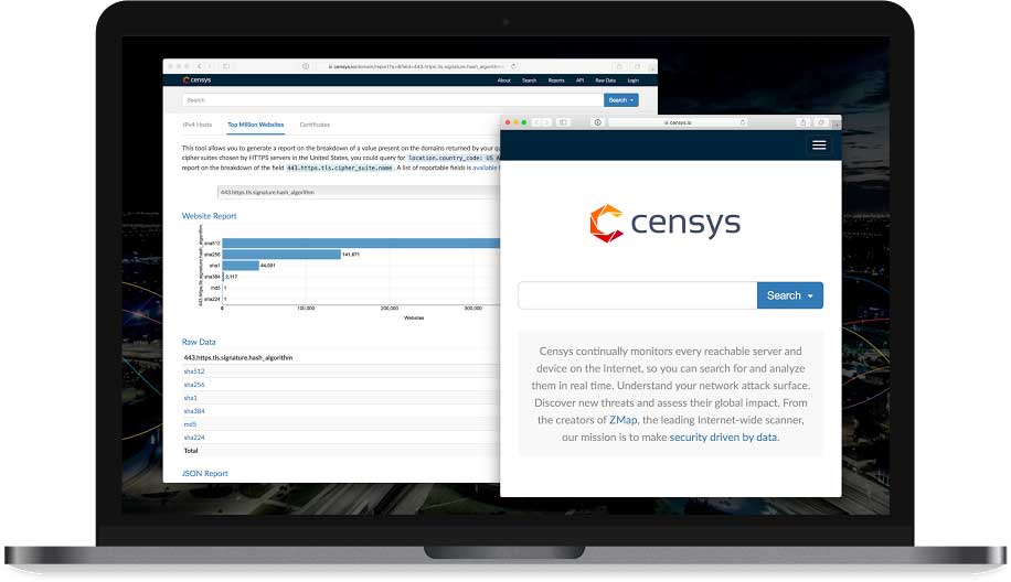 Screenshots of the Censys homepage and of a report generated with the tool. Image courtesy: Censys