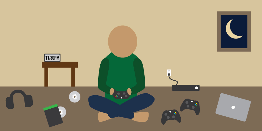 Concept illustration of a young adult playing video games at night. Image credit: Kaitlyn Beukema