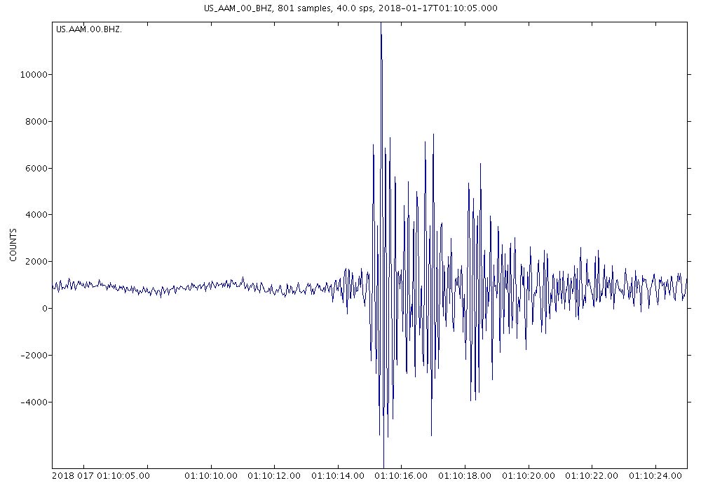 Seismogram of Jan. 16, 2018, meteor recorded at the University of Michigan.