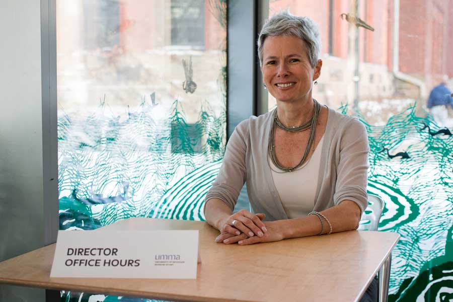 Director of the University of Michigan Museum of Art Christina Olsen holds office hours inside the UMMA Commons. Image courtesy: UMMA