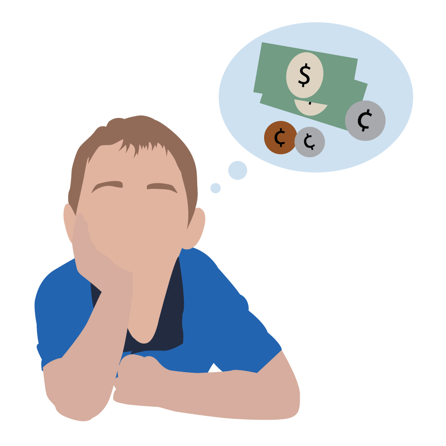 Illustration of a child thinking about money, Credit: Katie Beukema