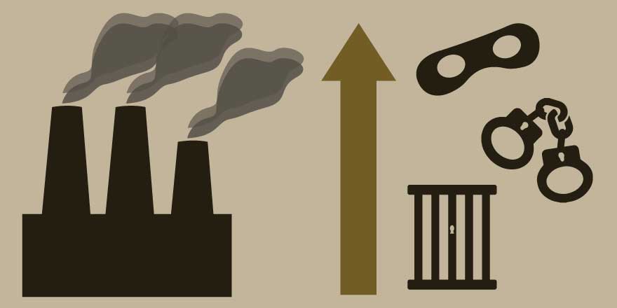 Factory creating pollution with symbols of crime next to an upward arrow, signifying increase in crime. Image Credit: Katie Beukema
