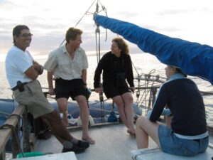Members of U-M paleoclimatologist Julia Cole’s research team in the Galapagos in 2010. From left to right: Boat captain Lenin Cruz, Sandy Tudhope of the University of Edinburgh, Meriwether Wilson of the University of Edinburgh, and Diane Thompson, then at the University of Arizona and now at Boston University. Image credit: Julia Cole