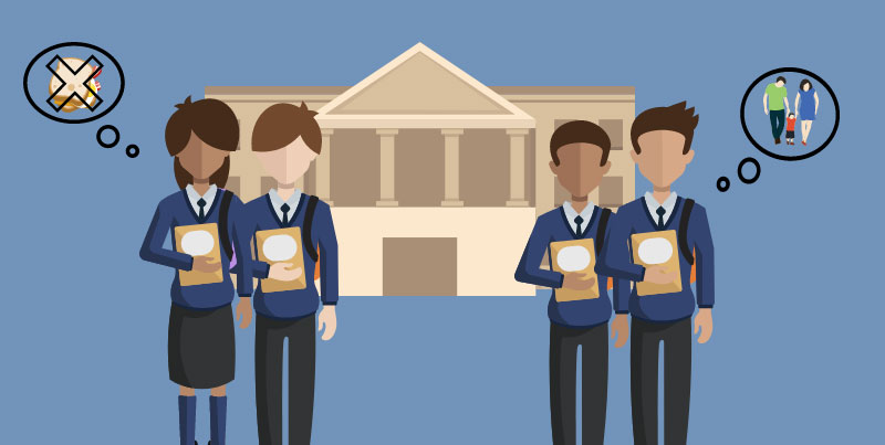 Four children in front of school building. Illustration credit: Ilma Bilic