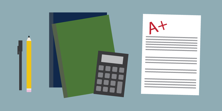 Concept illustration of school supplies and an A  report card. Illustration credit: Kaitlyn Beukema