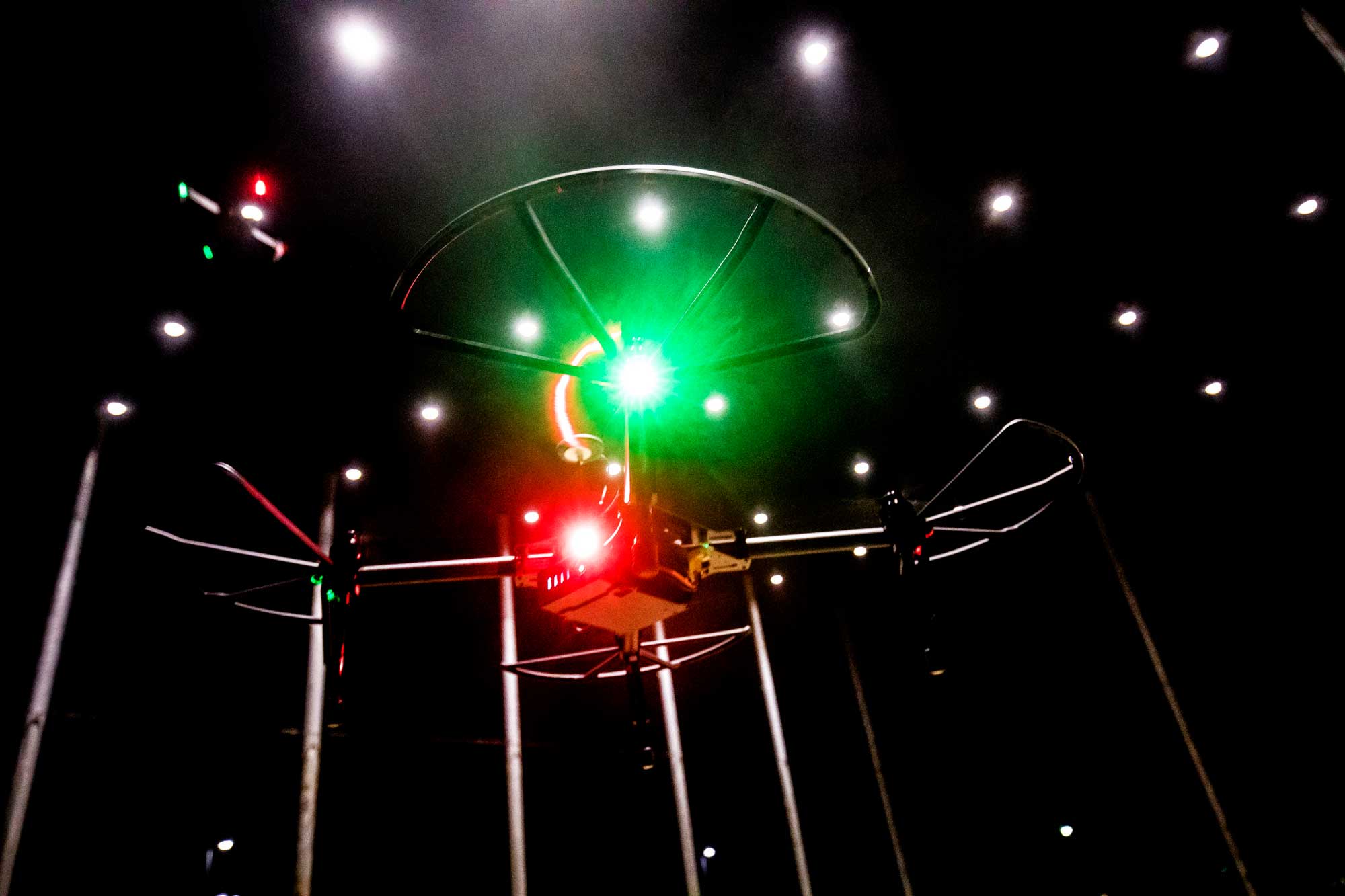 Drones are flown the first flight of M-Air, an advanced robotics testing facility for air, sea, and land, on North Campus of the University of Michigan in Ann Arbor, MI on February 20, 2018. The facility is a netted, 9,600 gross square ft., four-story complex situated next to the site where the Ford Motor Company Robotics Building will open in late 2019. Image credit: Joseph Xu, Michigan Engineering