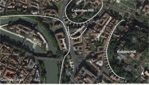 This is an aerial photo of the Forum Boarium with key features of the pre-urban landscape marked, including the discovered raised section of floodplain at the base of the Capitoline Hill, beneath the Sant’Omobono sanctuary, and the location of the river harbor. Image credit: Andrea Brock