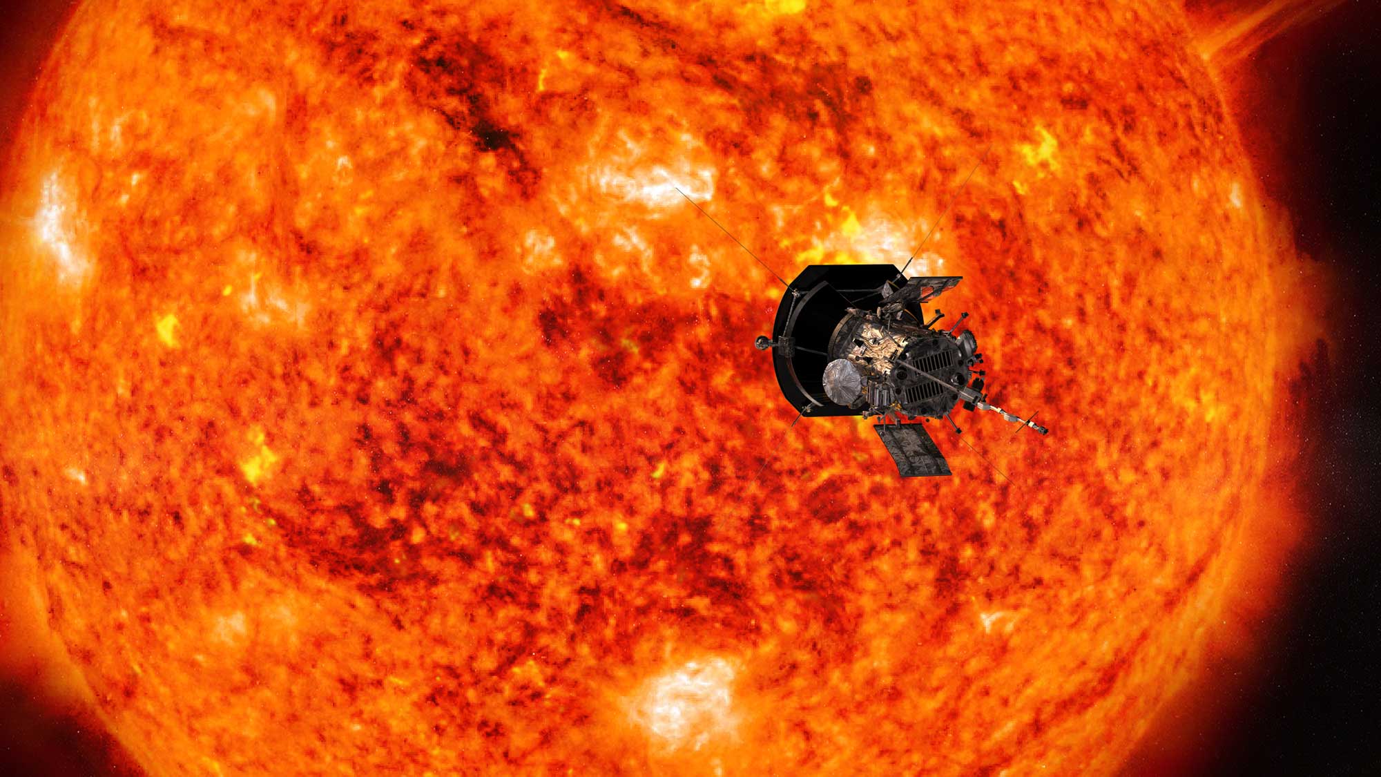 Artist’s concept of the Parker Solar Probe spacecraft approaching the sun. In order to unlock the mysteries of the corona, but also to protect a society that is increasingly dependent on technology from the threats of space weather, we will send Parker Solar Probe to touch the sun. Image credit: NASA
