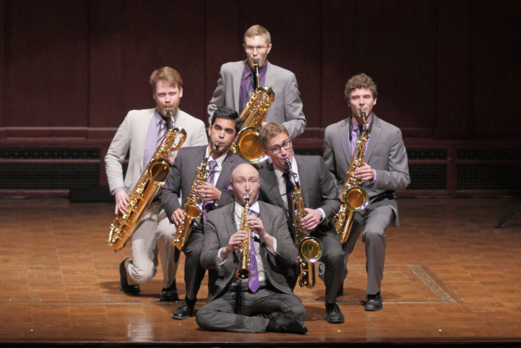 Awarded first prize in the winds division, the Moanin’ Frogs (Lucas Hopkins, Andy Hall, Jonathan Hostottle, Jonathan Hulting-Cohen, Sean Hurlburt, Edward Goodman). Image credit: Peter Smith
