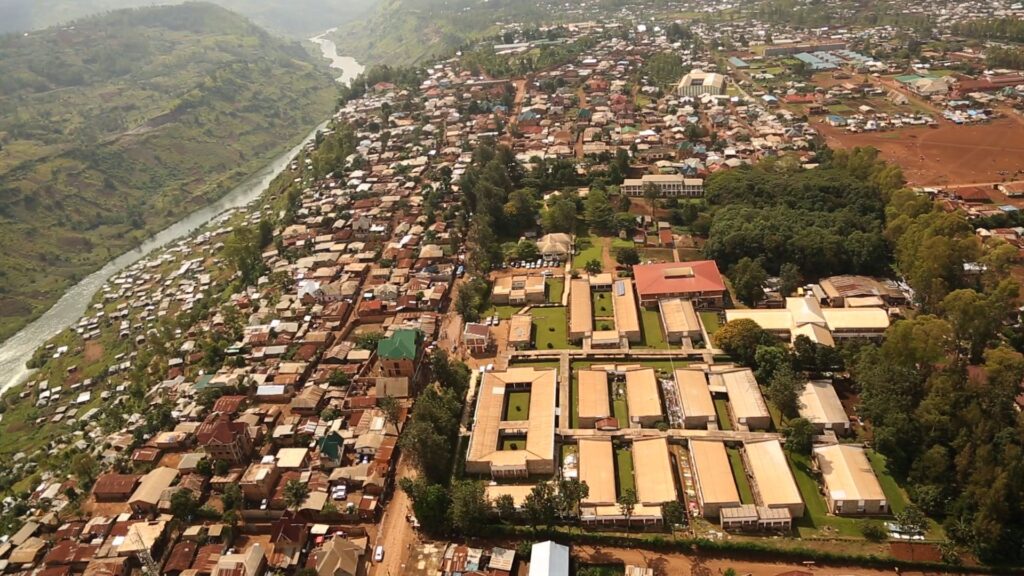 Aerial picture of Panzi Hospital (corner right), a sanctuary in Bukavu (DR Congo) for women with vesicovaginal fistula and for victims of gender based violence.