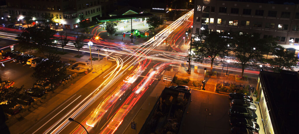 Stack of long exposure images of downtown Ann Arbor, MI. Image credit: Marcin Szczepanski, Michigan Engineering