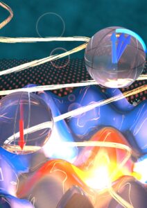An illustration showing the "up" and "down" pseudospin states, a light pulse and the hilly energy landscape experienced by the electrons. Image Credit: Stefan Schlauderer, University of Regensburg