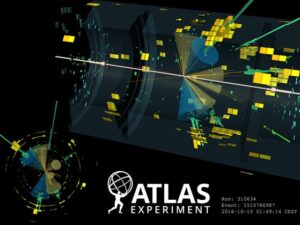 A collision detected by the ATLAS experiment of an event that very likely contains top quarks and a Higgs boson.