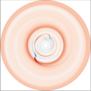 The red and blue swirls show the speed of the gas in the protoplanetary disc relative to its "normal" rotation pattern. The blue represents slower speeds, and the red represents faster speeds.