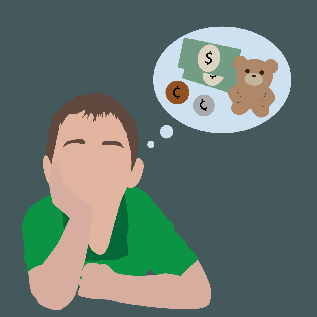 Concept illustration of a child thinking of money and purchases. Illustration credit: Kaitlyn Beukema