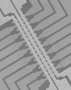 An electron microscope image of the memristor array.