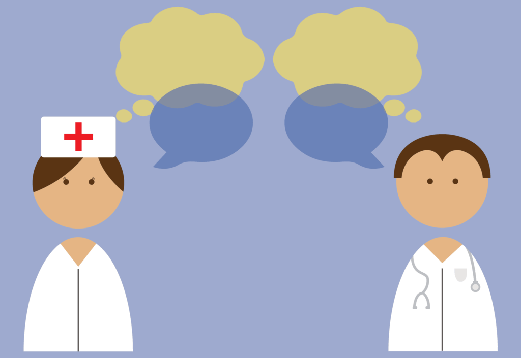 Concept illustration depicting thoughts and words between a nurse and a doctor. Illustration credit: Kaitlyn Beukema