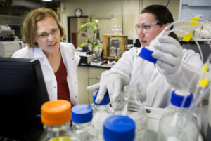 Sarah Haig (right), CEE Research Fellow and member of the Raskin Research Group, updates Lutgade Raskin (left), Altarum/ERIM Russel D O'Neal Professor of Engineering and Professor of Civil and Environmental Engineering, on the lab work done so far for their research project characterizing the drinking water biome. Image credit: Joseph Xu, Michigan Engineering