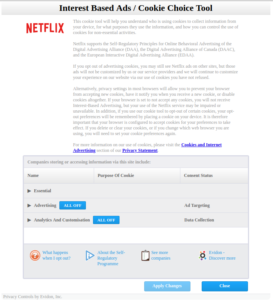 Screenshot of Netflix Interest Based Ads options 