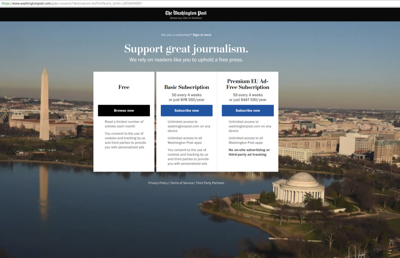 Screenshot of Washington Post subscription options