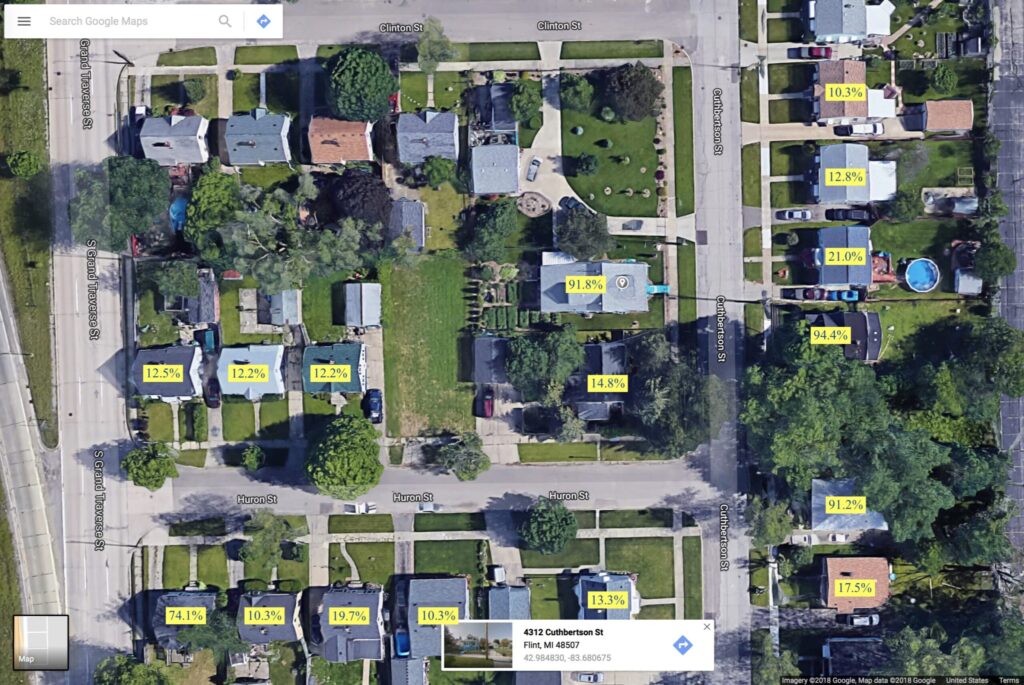 Map of the intersection of Huron and Cuthbertson streets showing the probability (percent) that a home has lead or copper pipes. Image courtesy: Eric Schwartz