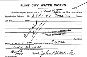 An example of one of more than 100,000 index cards found in the Flint water department’s basement that offered researchers only a fraction of the information needed to understand where the city’s lead pipelines lurked. Image courtesy: Eric Schwartz
