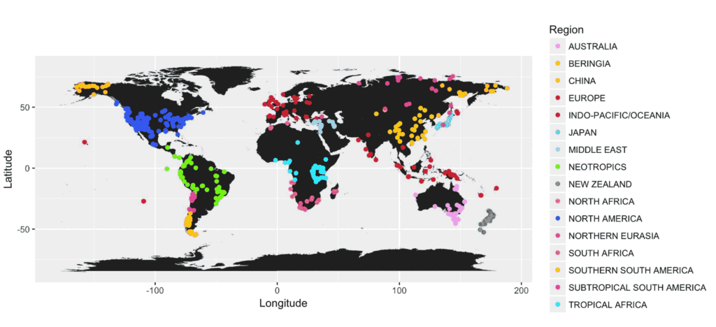 Researchers compiled and evaluated pollen and plant-fossil records from nearly 600 sites worldwide for their study of vegetation change. Map reprinted with permission from Nolan et al., Science, 2018 (10.1126/science.aan5360).