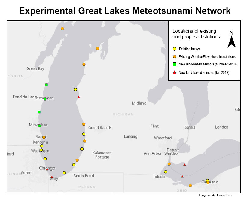 Experimental Great Lakes Meteotsunami Network map of locations of existing and proposed stations. Image credit: LimnoTech