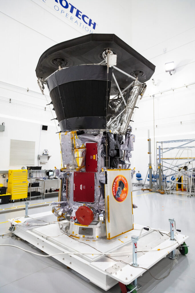 Parker Solar Probe sits in a clean room on July 6, 2018, at Astrotech Space Operations in Titusville, Florida, after the installation of its heat shield. Image credit: NASA/Johns Hopkins APL/Ed Whitman