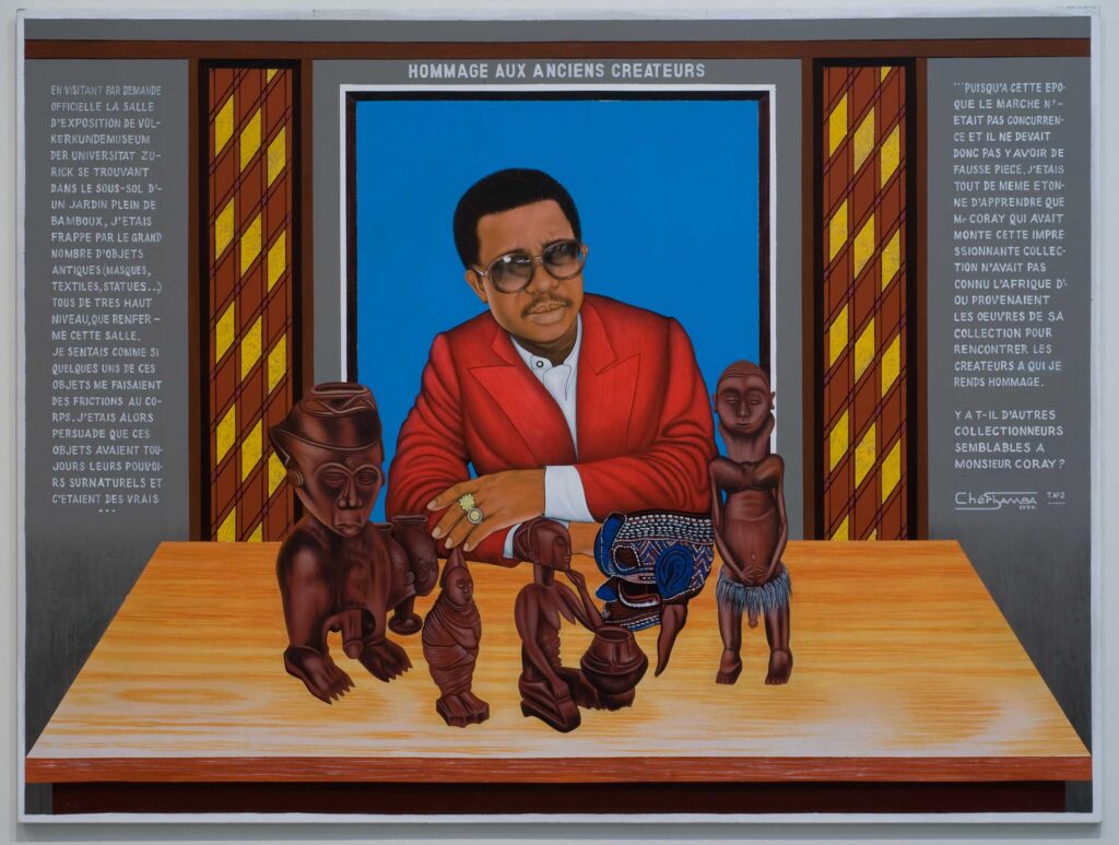 Chéri Samba, Hommage aux Anciens Créateurs (A Tribute to Earlier Artists), 1999, acrylic and glitter on canvas. Image courtesy: Contemporary African Art Collection (CAAC), Collection Jean Pigozzi, Geneva, © Chéri Samba