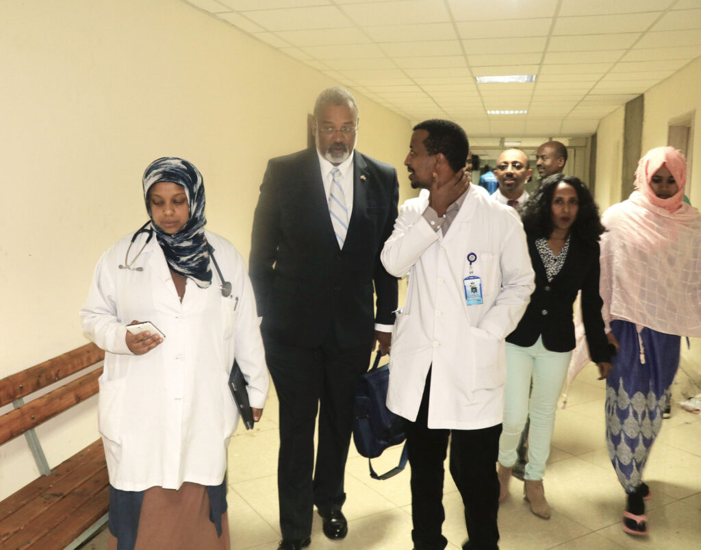 U-M provost Martin Philbert with Birhanu Worku (right), Director of Kidney Transplant Center at St. Paul Hospital Millennium Medical College in Addis Ababa in Ethiopia. Photo courtesy: Alemtsehay Abate