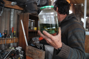 An e-waste worker holds up a printed circuit board that’s been put in an acid bath for dismantling in Chile.