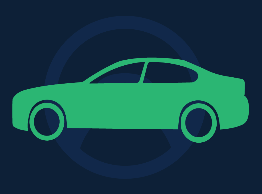 Icon of a car in front of an icon of a steering wheel. Illustration credit: Kaitlyn Beukema